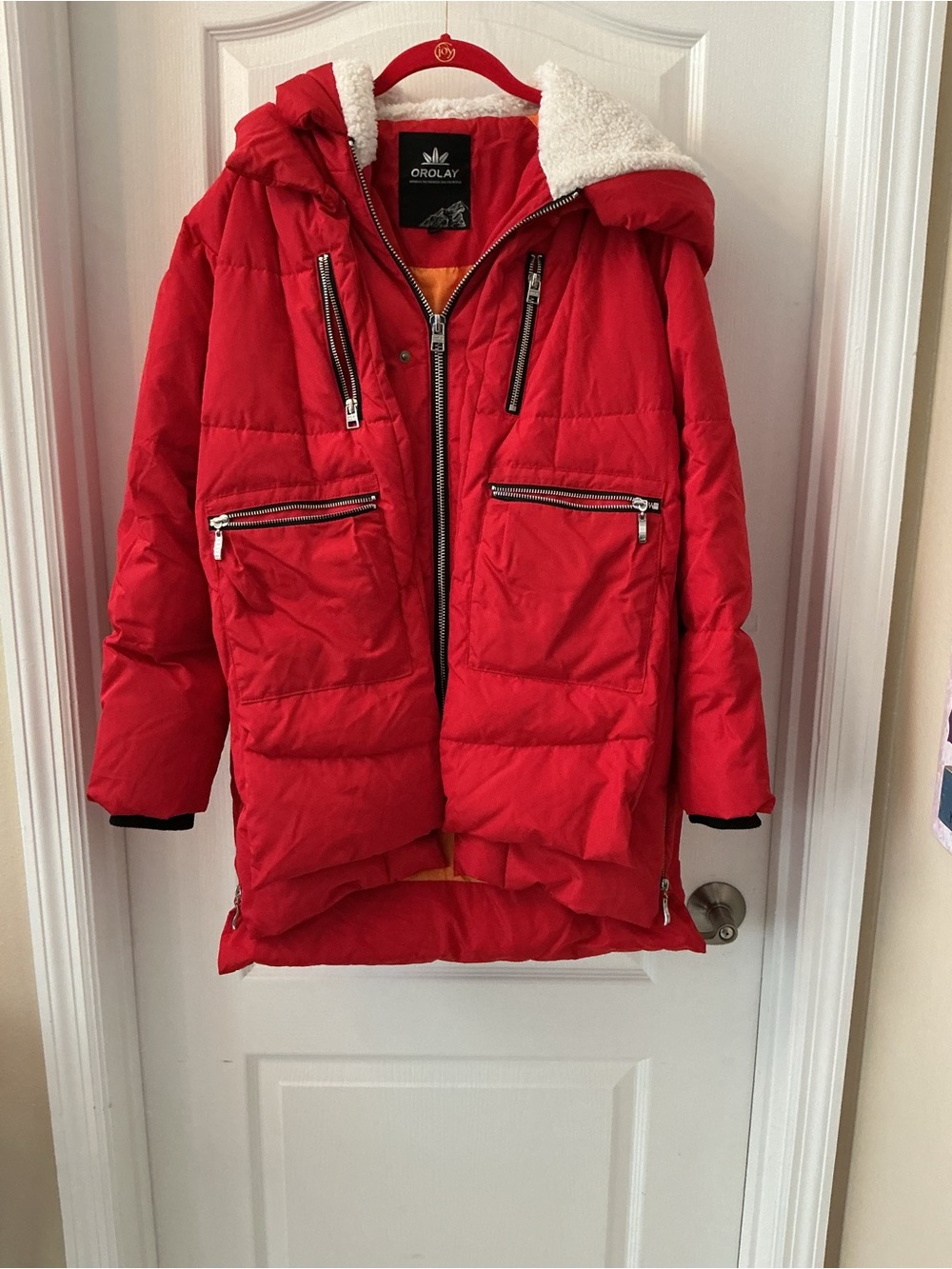 OLAY Woman’s Red Quilted Puffer Jacket with Sherpa Hood